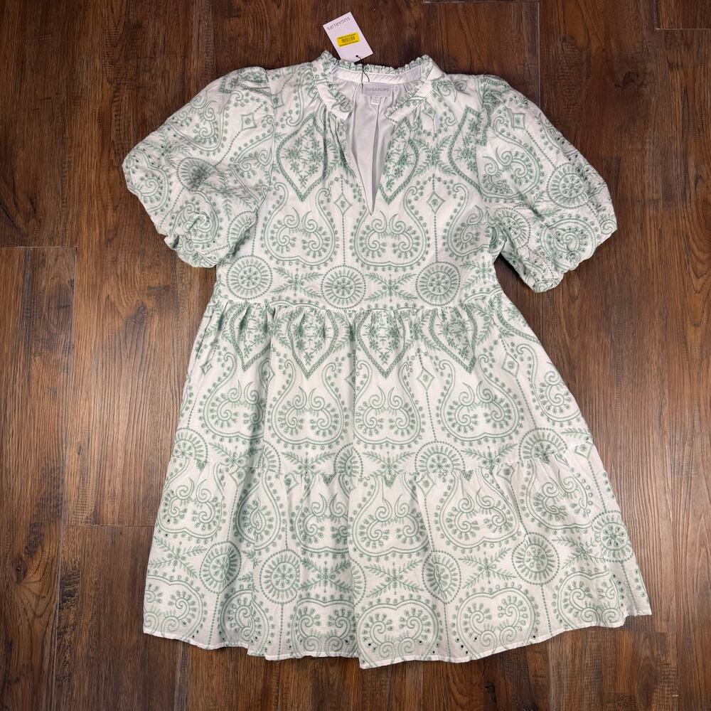 SugarLips MEDIUM white and green embroidered dress geometric boho festival